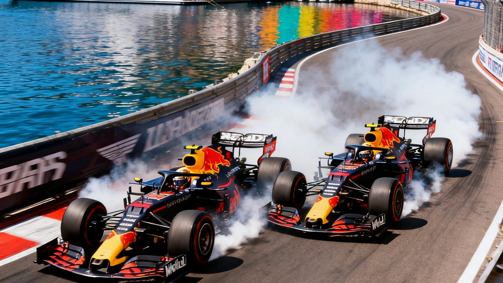 F1摩纳哥大奖赛超车集锦缩略图，两辆赛车在狭窄的弯道并排行驶，轮胎冒烟，背景是摩纳哥港湾的游艇和彩色建筑