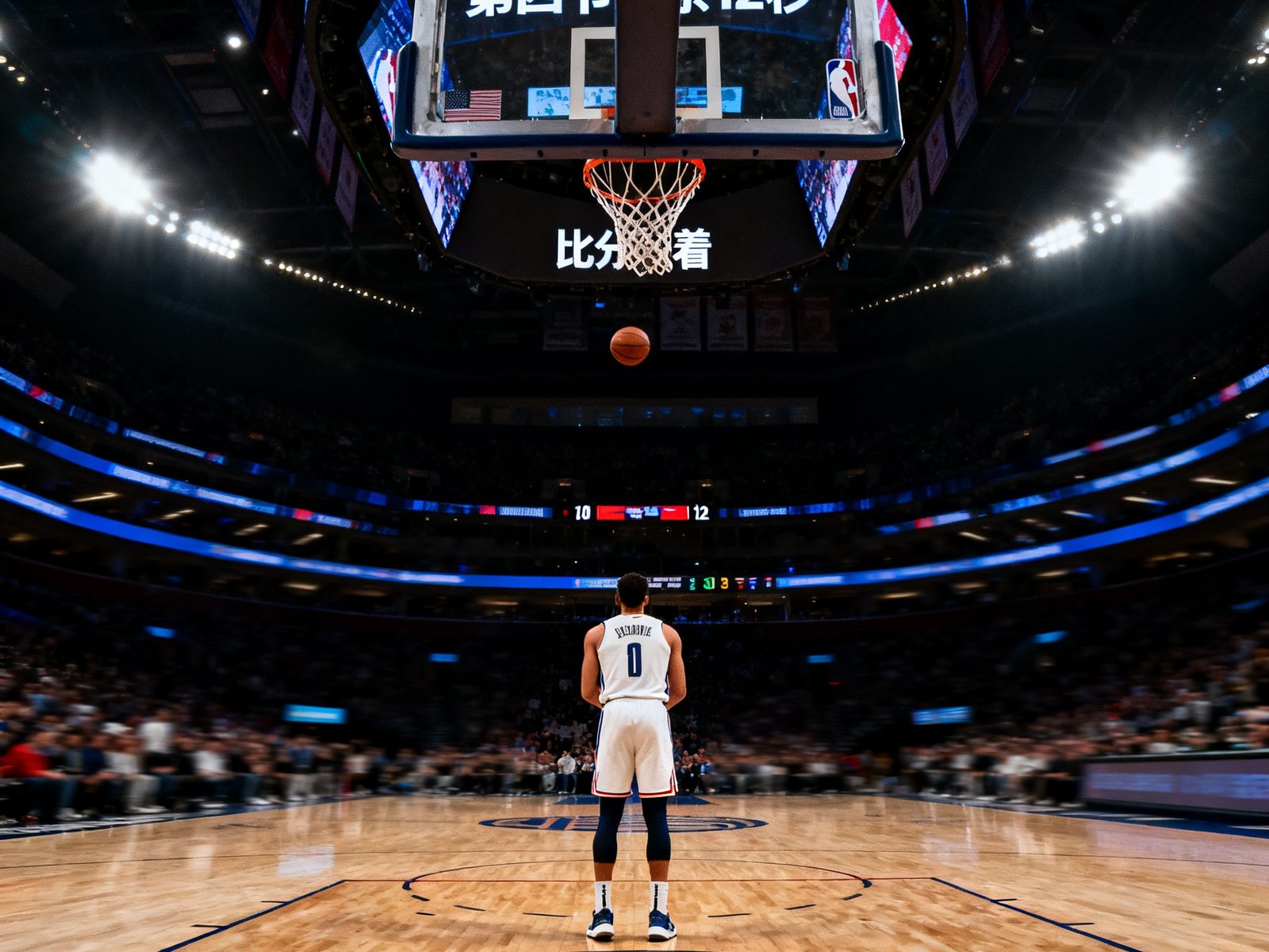 NBA季后赛现场，一名球员站在罚球线上准备出手，篮筐后方大屏幕显示第四节剩余12秒，比分胶着